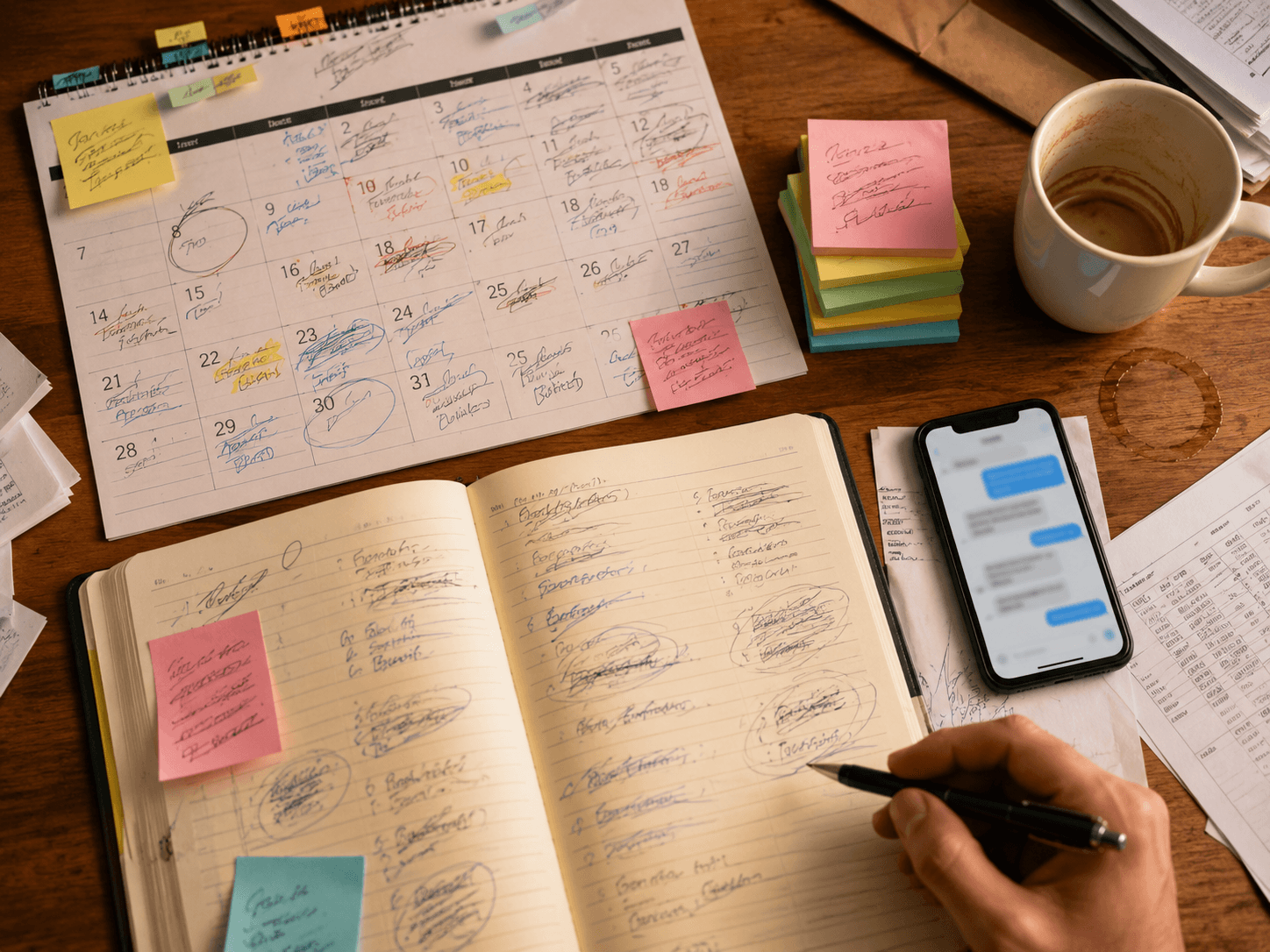 Cluttered desk showing the chaos of managing a cleaning business manually